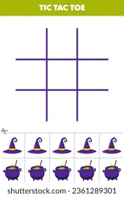 Education game for children tic tac toe set with cute cartoon wizard hat and cauldron picture printable halloween worksheet