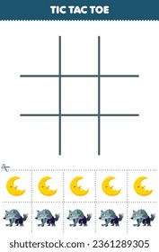 Education game for children tic tac toe set with cute cartoon moon and werewolf picture printable halloween worksheet