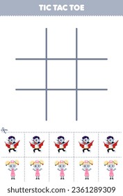 Education game for children tic tac toe set with cute cartoon dracula boy and zombie girl picture printable halloween worksheet