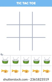 Education game for children tic tac toe set with cute cartoon drum and trumpet picture printable music instrument worksheet