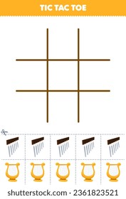 Education game for children tic tac toe set with cute cartoon chimes and lyre picture printable music instrument worksheet