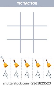 Education game for children tic tac toe set with cute cartoon bell and triangle picture printable music instrument worksheet