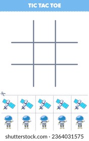 Education game for children tic tac toe set with cute cartoon satellite and astronaut picture printable solar system worksheet