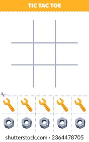 Education game for children tic tac toe set with cute cartoon wrench and nut picture printable tool worksheet
