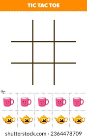 Education game for children tic tac toe set with cute cartoon mug and teapot picture printable tool worksheet
