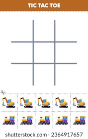 Education game for children tic tac toe set with cute cartoon excavator and locomotive train picture printable transportation worksheet