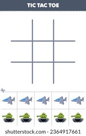 Education game for children tic tac toe set with cute cartoon jet fighter and tank picture printable transportation worksheet