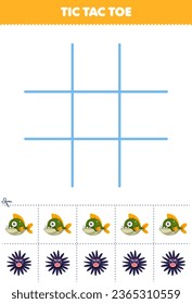 Education game for children tic tac toe set with cute cartoon piranha and urchin picture printable underwater worksheet