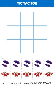 Juego de educación para niños con el dedo del pie del tac con el caparazón de tiras cómicas y la hoja de cálculo bajo el agua imprimible con imágenes de cangrejo