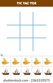 Education game for children tic tac toe set with cute cartoon submarine and wrecked ship picture printable underwater worksheet
