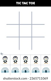 Education game for children tic tac toe set with cute cartoon penguin and igloo picture printable winter worksheet