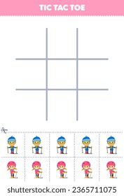 Education game for children tic tac toe set with cute cartoon boy and girl playing ski picture printable winter worksheet