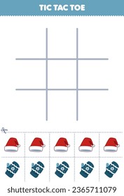 Juego de educación para niños con el dedo del pie del tac con el sombrero santa de dibujos animados lindo y hoja de cálculo de invierno imprimible con imágenes intermitentes