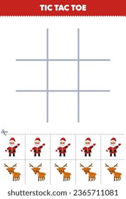 Juego de educación para niños con el dedo del pie del tac con el lindo dibujo animado santa y la imagen del venado imprimible hoja de cálculo de invierno