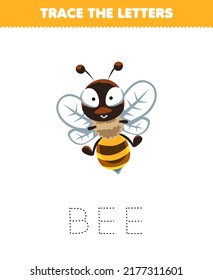 Education game for children trace the letter of cute cartoon animal bee printable worksheet