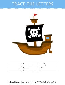 Education game for children trace the letter of cute cartoon ship printable pirate worksheet