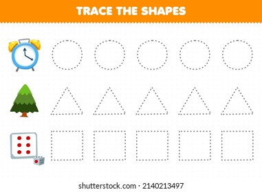 Erziehungsspiel für Kinder verfolgt die Formen quadratischer Würfel-Dreieck-Baumkreis-Uhr druckbares Arbeitsblatt