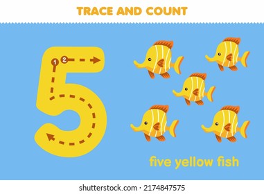 Education game for children tracing number five and counting of cute cartoon animal yellow fish printable worksheet