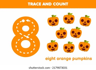 Education game for children tracing number eight and counting of cute cartoon orange pumpkin halloween printable worksheet