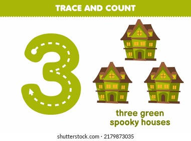 Education game for children tracing number three and counting of cute cartoon green spooky houses halloween printable worksheet
