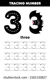 Education game for children tracing number three with halloween theme black bat printable worksheet