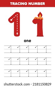 Education game for children tracing number one with halloween theme red candle printable worksheet