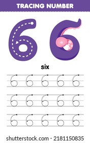 Education game for children tracing number six with halloween theme purple tentacle printable worksheet