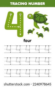 Education game for children tracing number four with cute cartoon turtle picture printable underwater worksheet