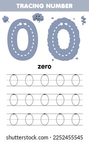 Education game for children tracing number zero with cute cartoon gray smoke picture printable nature worksheet