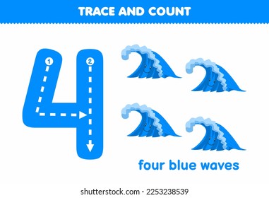 Education game for children tracing number four and counting of cute cartoon wave printable nature worksheet