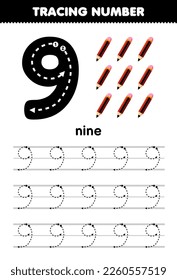 Education game for children tracing number nine with pencil picture printable tool worksheet
