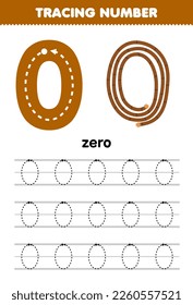 Education game for children tracing number zero with brown rope picture printable tool worksheet