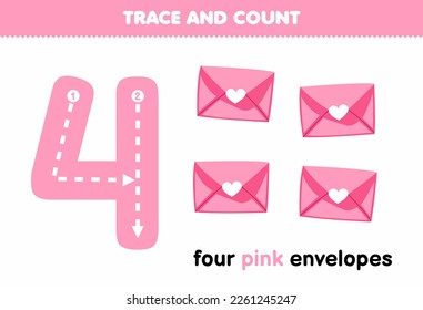 Education game for children tracing number four and counting of cute cartoon pink envelopes printable tool worksheet
