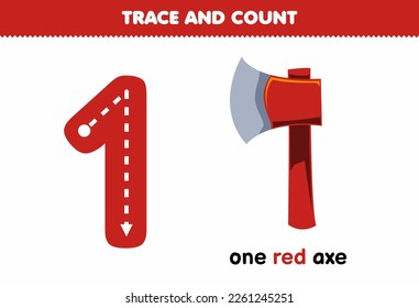 Education game for children tracing number one and counting of cute cartoon red axe printable tool worksheet