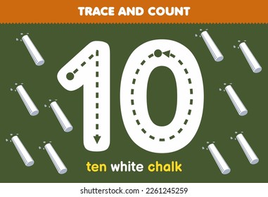 Education game for children tracing number ten and counting of cute cartoon white chalk printable tool worksheet
