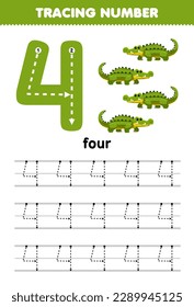 Education game for children tracing number four with cute cartoon crocodile picture printable animal worksheet