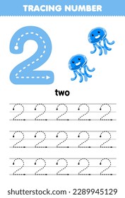 Education game for children tracing number two with cute cartoon jellyfish picture printable animal worksheet