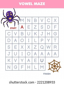Education game for children vowel maze help cute cartoon spider move to web printable bug worksheet