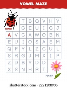 Education game for children vowel maze help cute cartoon ladybug move to flower printable bug worksheet