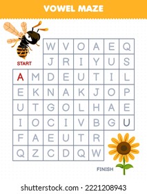 Education game for children vowel maze help cute cartoon bee move to sunflower printable bug worksheet