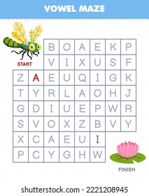 Education game for children vowel maze help cute cartoon dragonfly move to flower printable bug worksheet