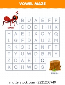 Education game for children vowel maze help cute cartoon ant move to wood log printable bug worksheet