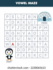 Education game for children vowel maze help cute cartoon penguin move to igloo printable winter worksheet