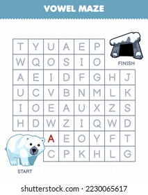 Education game for children vowel maze help cute cartoon polar bear move to den printable winter worksheet