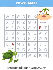 Education game for children vowel maze help cute cartoon turtle move to beach printable underwater worksheet