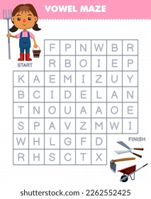 Education game for children vowel maze help cute cartoon farmer move to shear hoe wheelbarrow printable tool worksheet