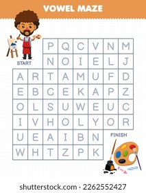 Education game for children vowel maze help cute cartoon painter move to brush ink palette crayon printable tool worksheet