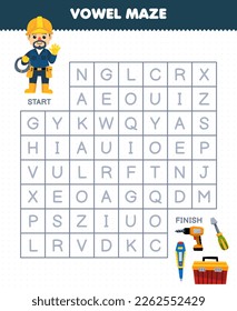 Education game for children vowel maze help cute cartoon electrician move to drill screwdriver toolbox printable tool worksheet