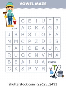 Education game for children vowel maze help cute cartoon janitor move to sprayer squeegee vacuum cleaner printable tool worksheet