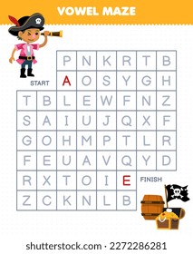 Education game for children vowel maze help cute cartoon boy move to barrel chest and flag printable pirate worksheet